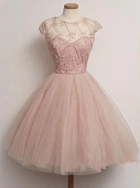 Tulle A Line Cap Sleeve Baby Pink Homecoming Dress