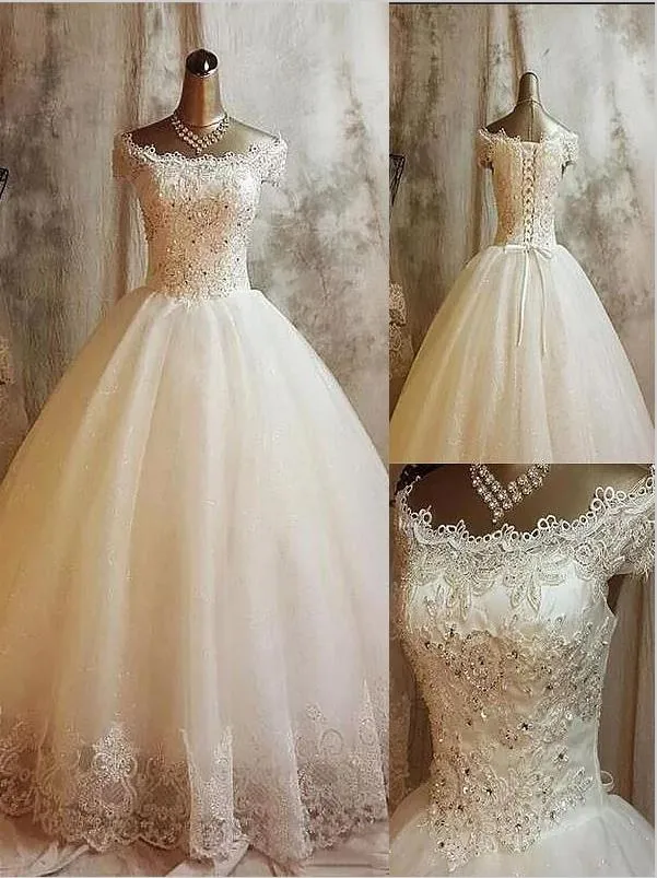 Tulle Applique Off Shoulder Train Wedding Dresses Floor Length Ball Gown