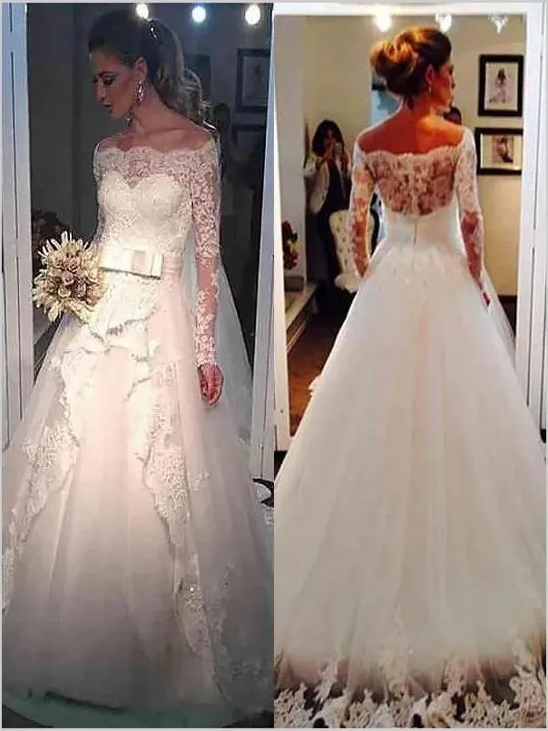 Tulle Off Shoulder Long Sleeves Wedding Dresses Brush Train Ball Gown