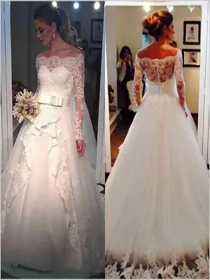 Tulle Off Shoulder Long Sleeves Wedding Dresses Brush Train Ball Gown