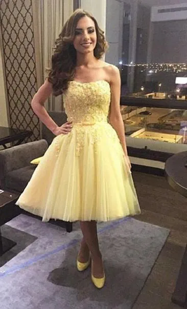 Tulle Strapless Applique Yellow Sweetheart Homecoming Dress