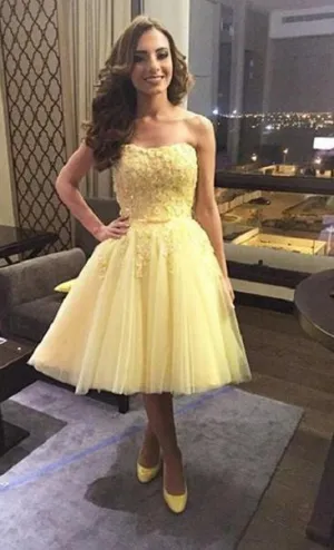 Tulle Strapless Applique Yellow Sweetheart Homecoming Dress