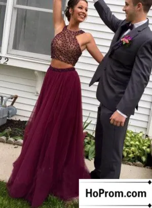Two Piece Halter Beading Prom Dress Evening Dresses
