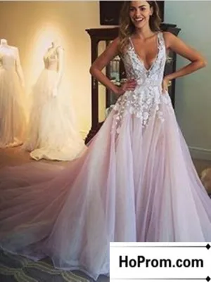 V-Neck Lace Tulle Pink Prom Dress Evening Dresses