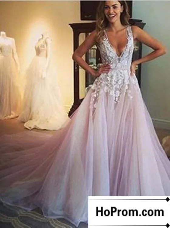 V-Neck Lace Tulle Pink Prom Dress Evening Dresses