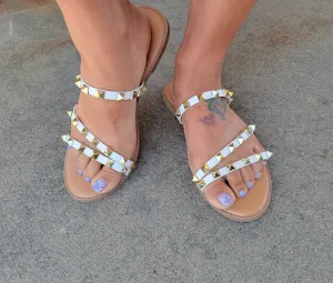 WHITE AND GOLD SPIKED SANDALS