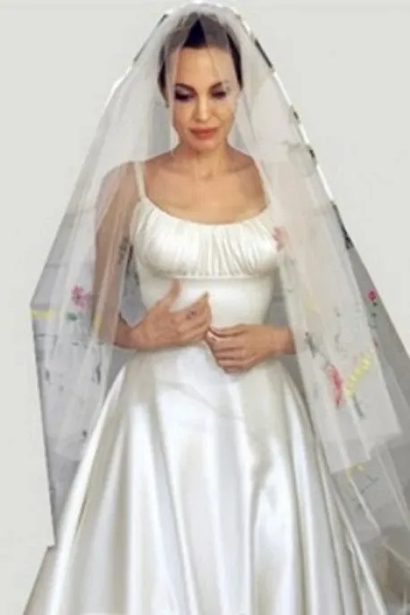 White Angelina Jolie Satin Round Neck Wedding Dress Celebrity Wedding Dress Replica For Sale