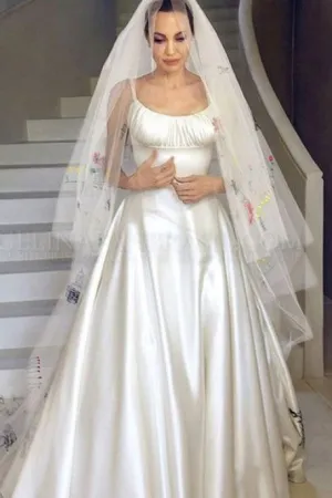 White Angelina Jolie Satin Round Neck Wedding Dress Celebrity Wedding Dress Replica For Sale