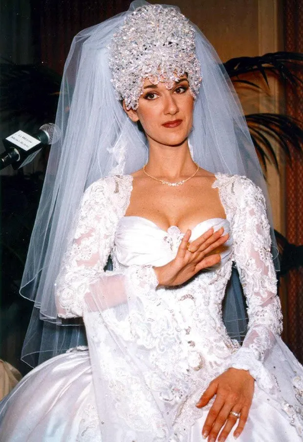 White Celine Dion Long Sleeve Lace Wedding Dress Best Celebrity Princess Bridal Gown For Sale