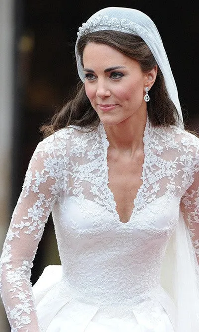 White Princess Kate Middleton Best Lace Sleeve Dress V Neck Wedding Dress Celebrity Evening Gown