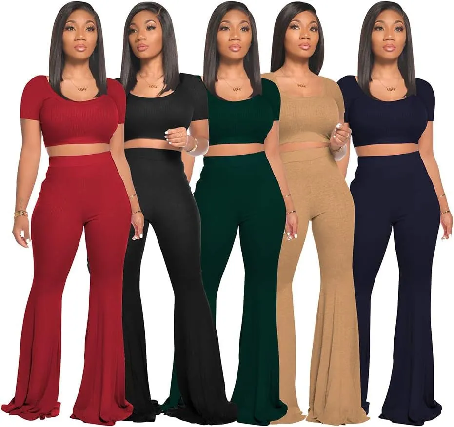 Women's 2-Piece Workout Sets - Sexy Crop Top   High Waisted Flared Long Pants