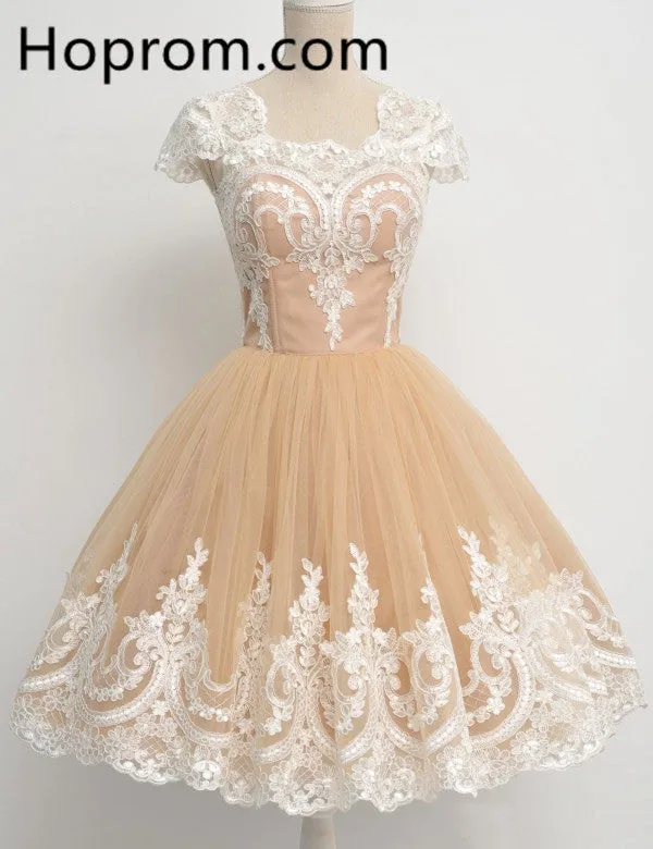 Yellow Appliques Homecoming Dress, Short Sleeve Homecoming Dress