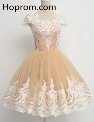 Yellow Appliques Homecoming Dress, Short Sleeve Homecoming Dress
