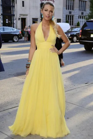 Yellow Blake Lively Round Neck Dress Ruched Prom Red Carpet Dress 69th Regiment Armory