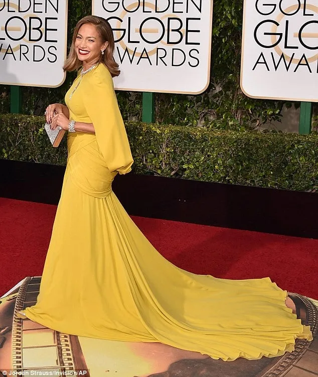 Yellow Jennifer Lopez (J.Lo) Cape Sequin Dress Slit Prom Celebrity Red Carpet Dress Golden Globes